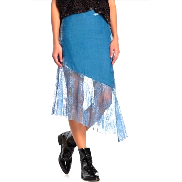 Free People Blue Velvet Skirt – Sheer Lace Hem & Asymmetrical Cut | 2 & 4 | NWT - Picture 7 of 16